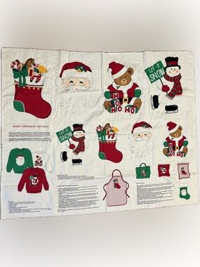 🔴Vintage New Christmas Appliqué Fabric Panel Santa Snowman Stocking Teddy